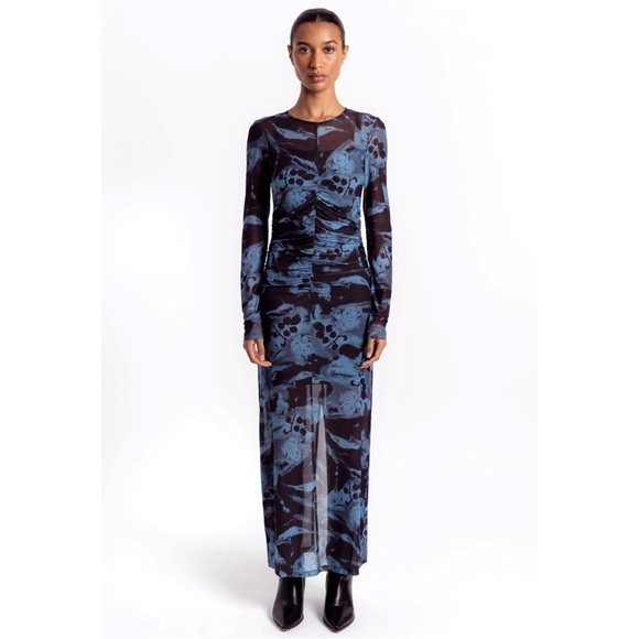 GANNI Printed Ruched Mesh Blue & Black Lined Fitted Long Sleeve Maxi Dress sz 36 - Picture 2 of 13